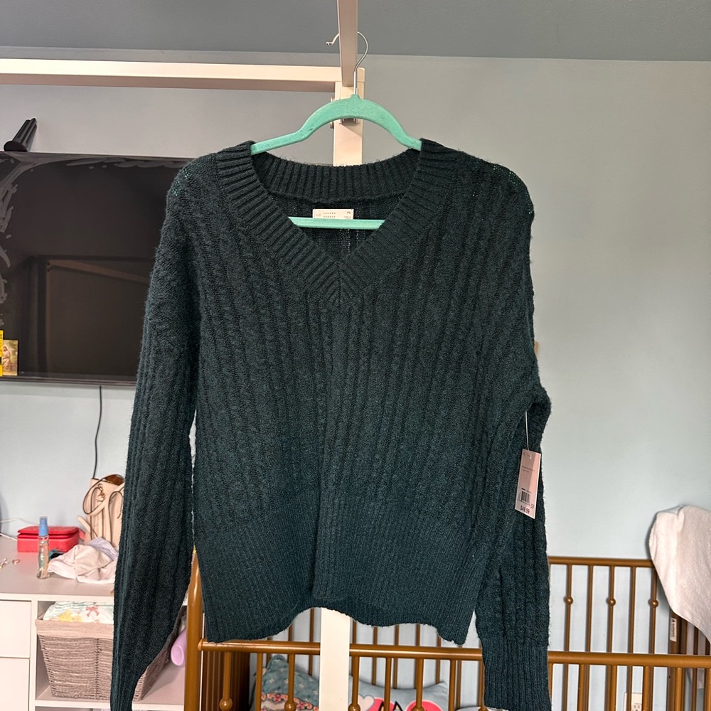 LC Lauren Conrad Dark Green V-Neck Cable Sweater